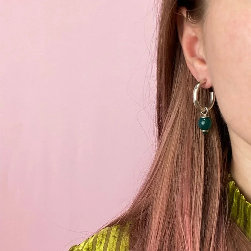 Forest green charm hoop earrings sterling silver, basic medium chunky hoop studs